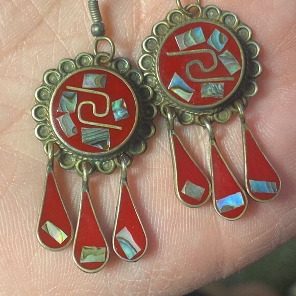 Vintage Signed ALPACA MEXICO Red Round w/Abalone Inlay Earrings Teardrop Dangles - Picture 7 of 10